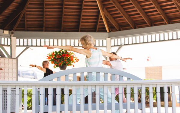 Residents doing yoga together at Luther Village on the Park