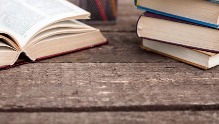 books sitting on a table