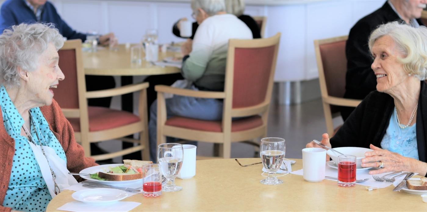 two ladies laughing during lunch 