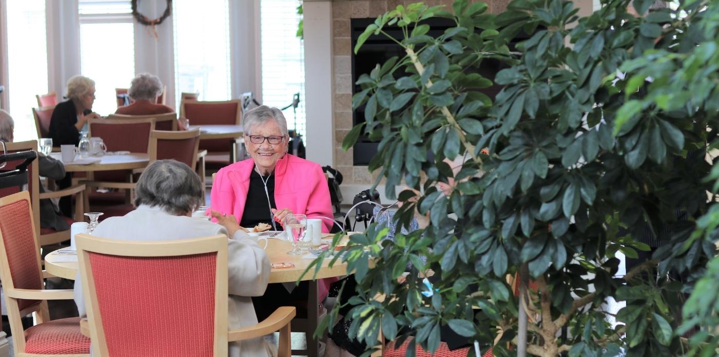 women smiling in dining room